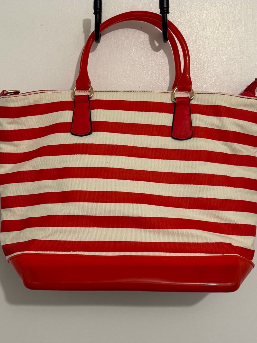 Handbag Republic - Red and white Striped Women’s Tote Bag with Glossy Red Trim
